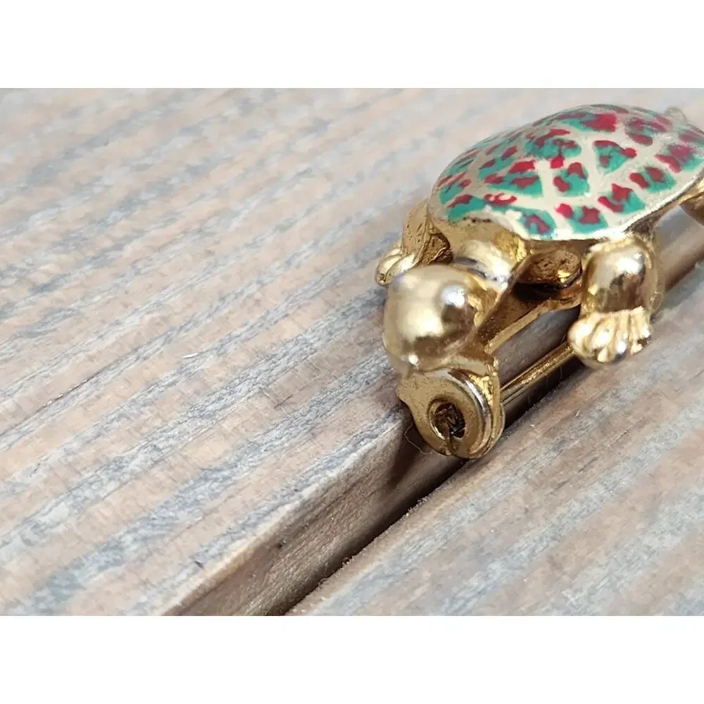 Vintage Gold Tone Turtle Pin Metal Enamel Brooch Reptile